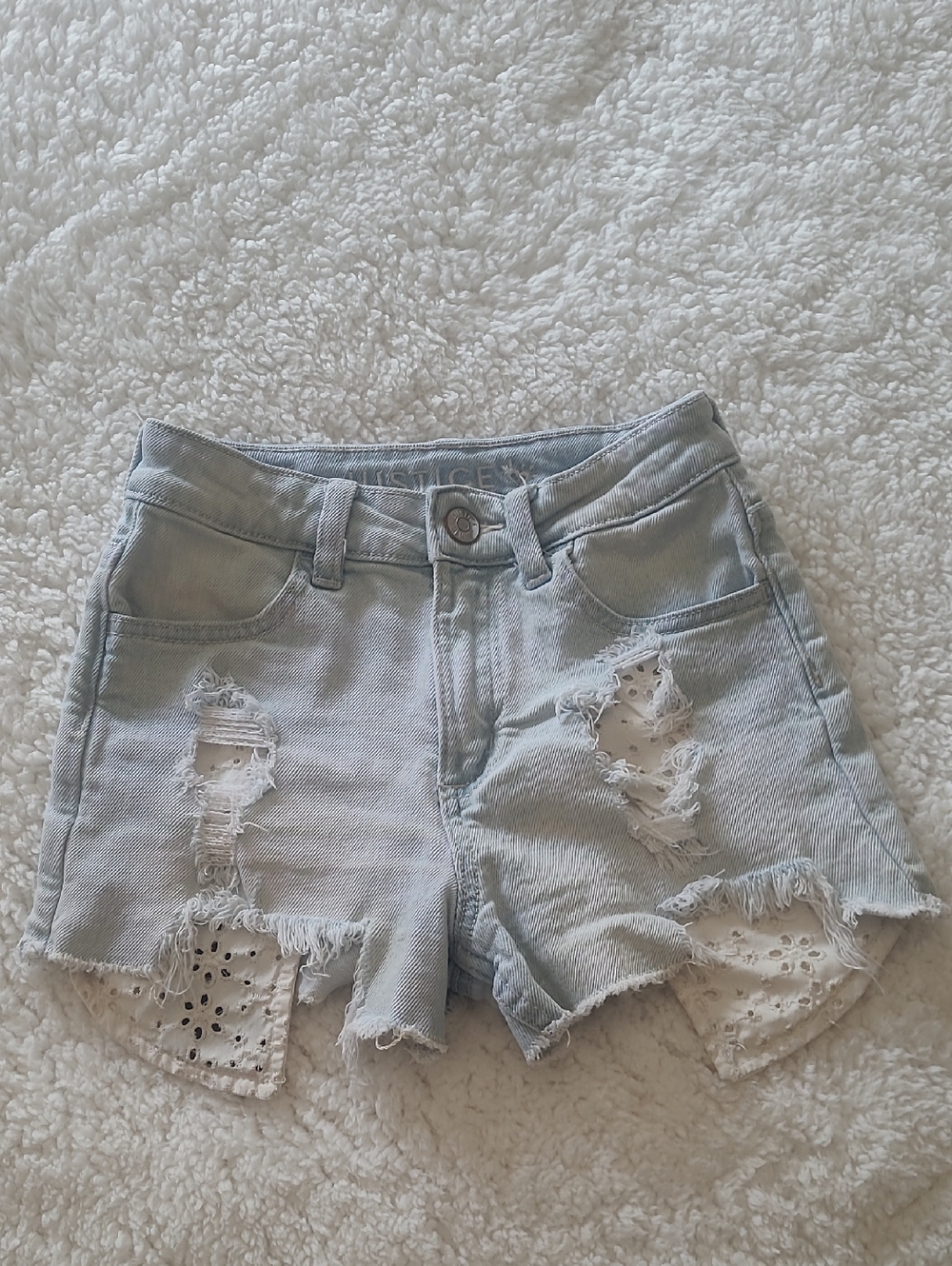 💲5/25💲Light Wash Distressed Kids Denim Shorts with Lace Inset